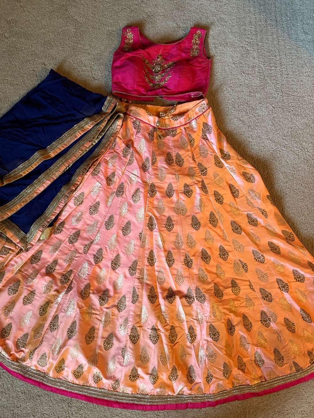 Worn once Pink and Peach Floral Brocade Lehenga Skirt Set